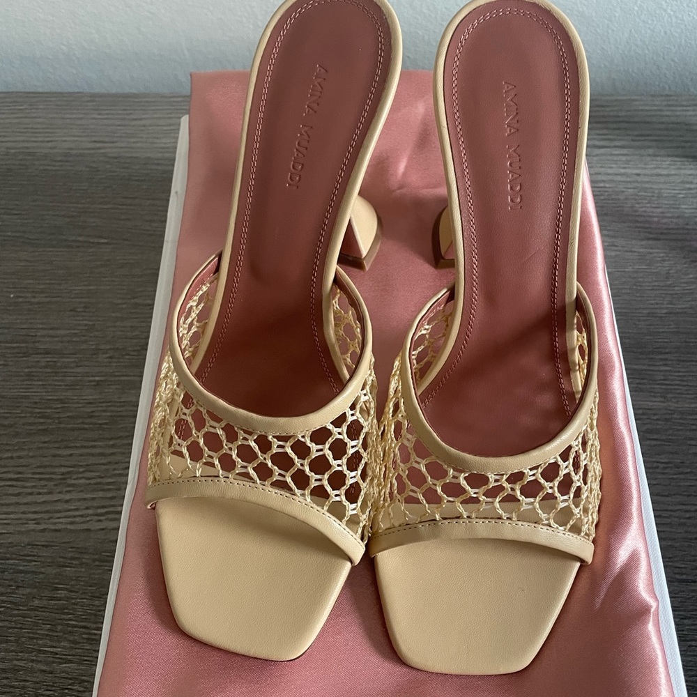 Amina muaddi beige sandal heel